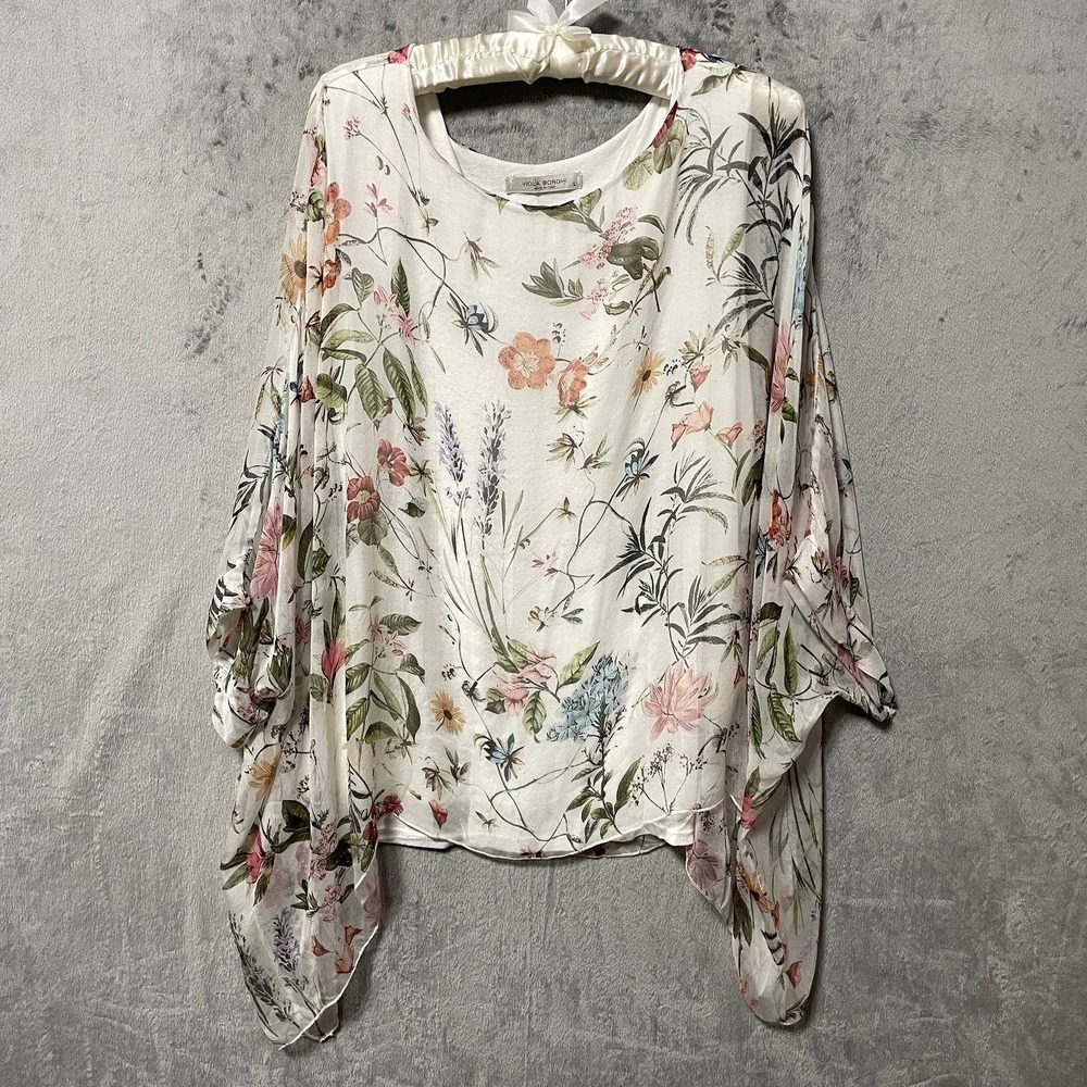 100% Silk Floral Blouse Large Made in Italy Sheer Asymmetric Cottagecore